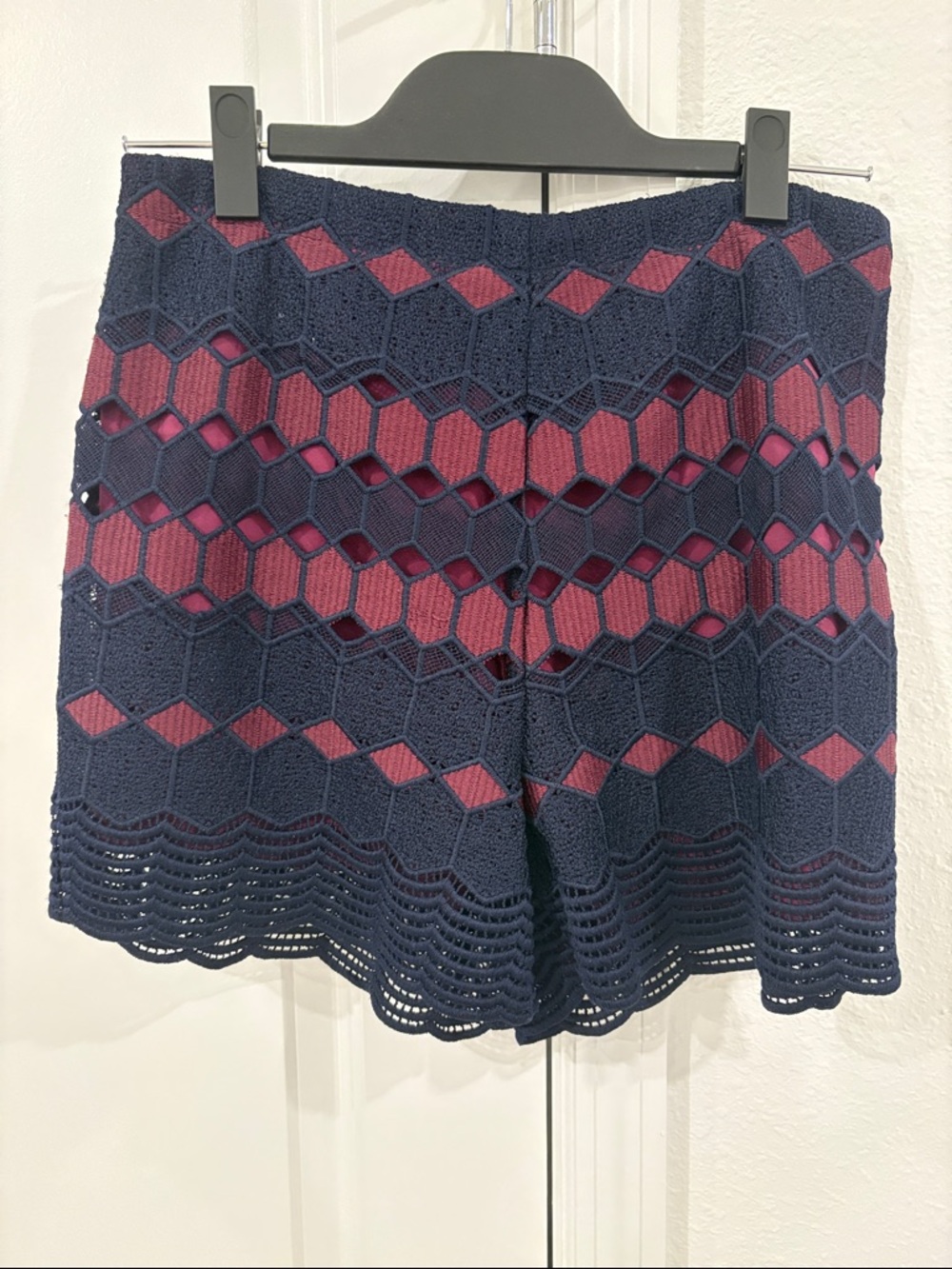 Anthropologie Navy Crochet Overlay Shorts with Berry Lining
